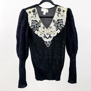 Vintage Beaded Puff Sleeve Sweater Sequin Retro 80s 90s Fuzzy Sleeve Balloon 70s